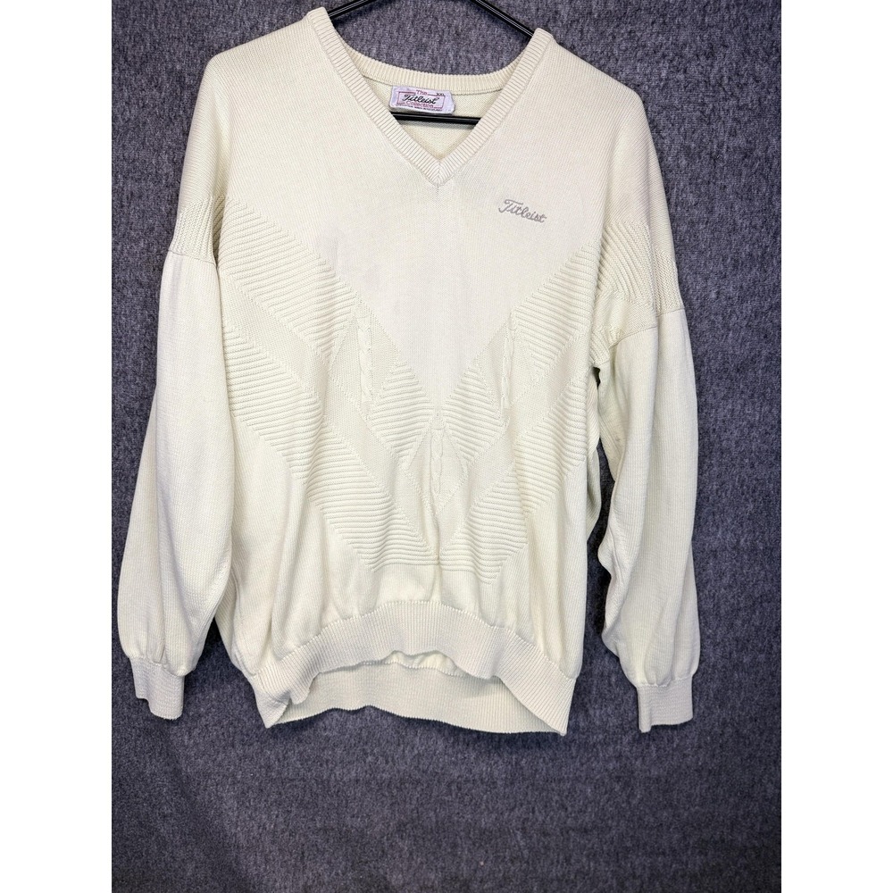 Vintage Titleist Sweater Mens 2XL White V Neck Cable Knit Golf Scotland 90s